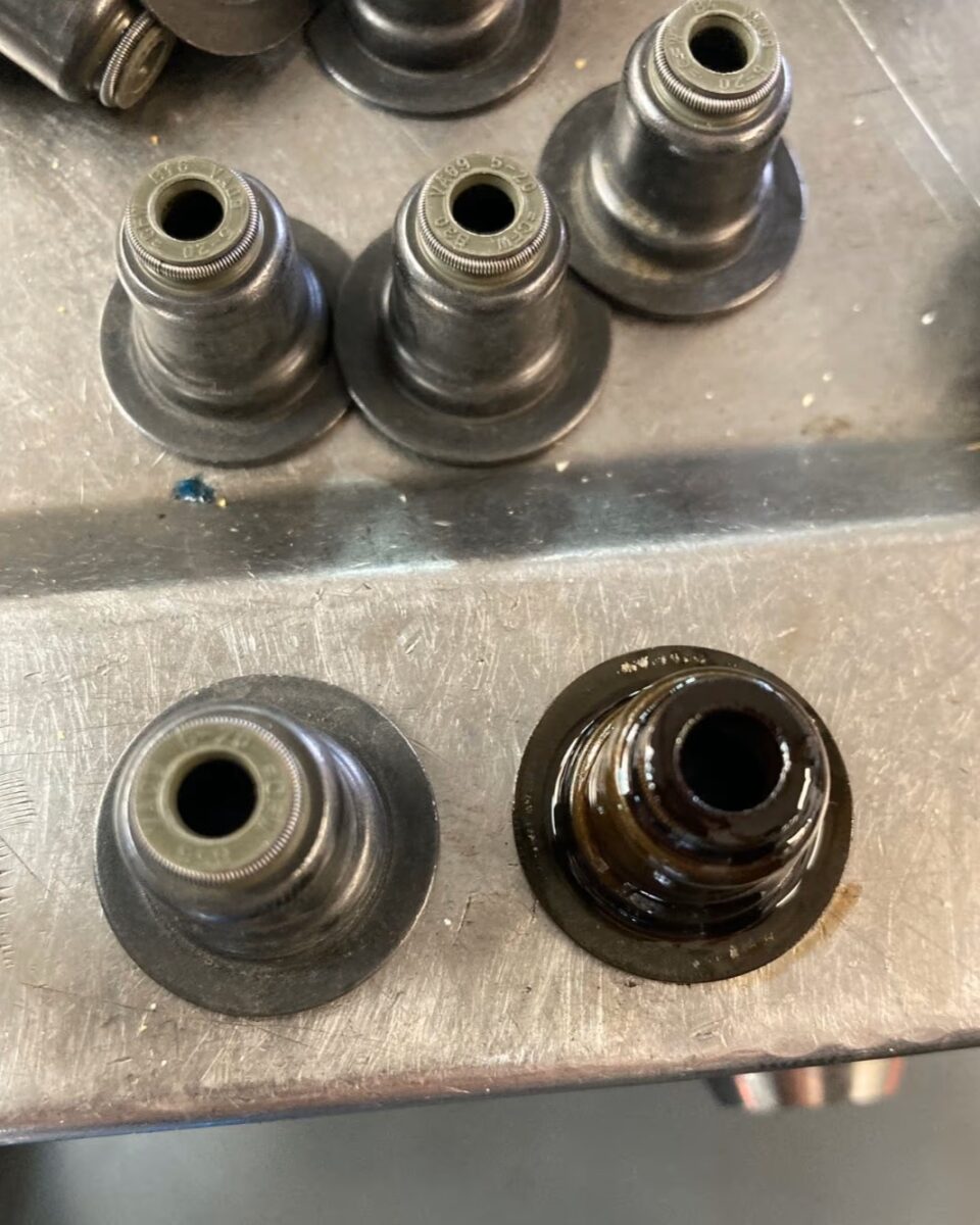 Removed oil-covered valve stem seals from a MINI engine
