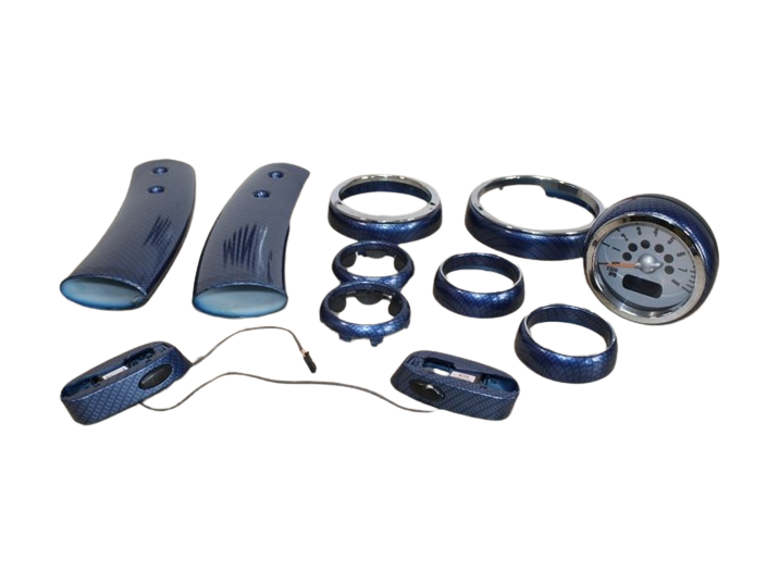 Decorative trim for speedometer, steering wheel, etc. in blue carbon fibre + rev counter for MINI R50-R53